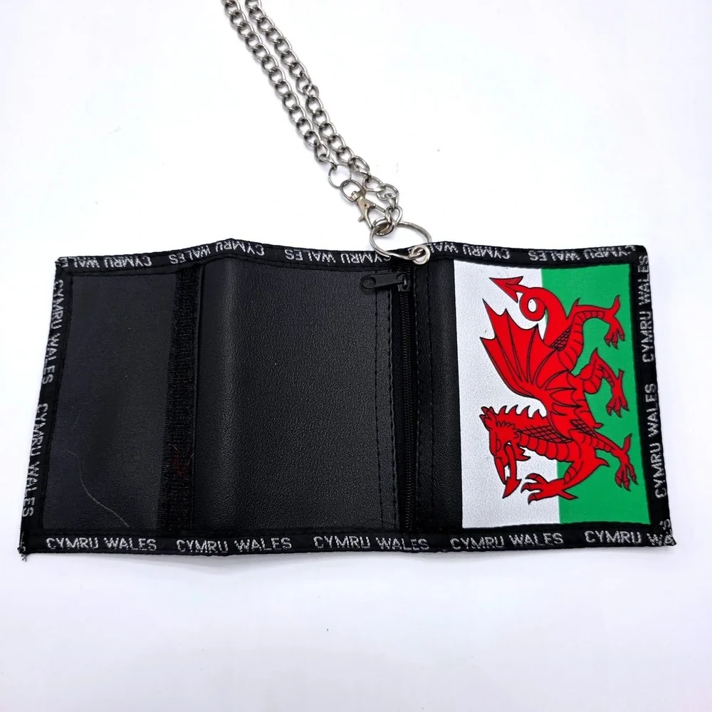 Wales Cymru Red Dragon Flag Trifold Chain Wallet Black Green White Souvenir